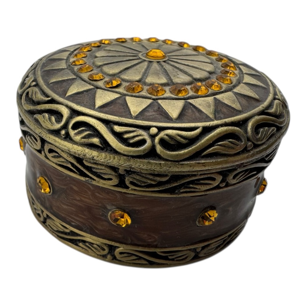 Vintage Ornate‎ Trinket Box Amber Rhinestones Brass Tone 2” Jewelry Box